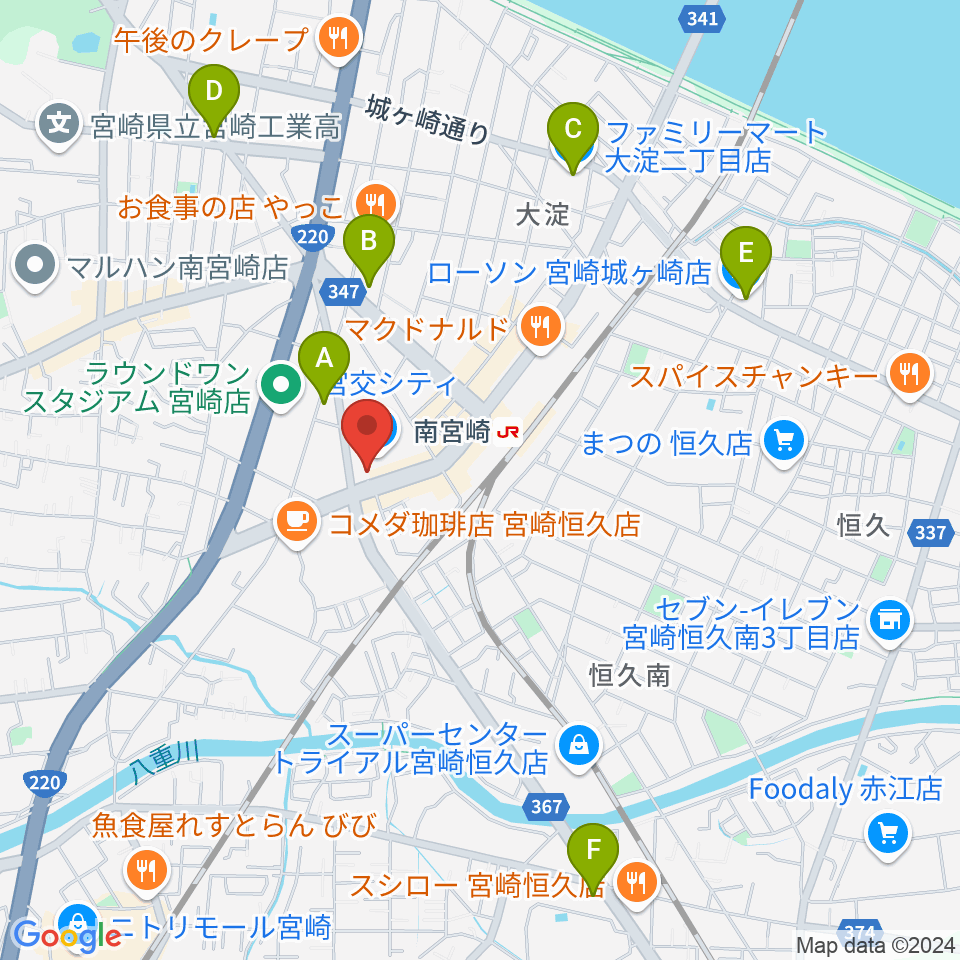 宮崎サンシャインFM周辺のコンビニエンスストア一覧地図