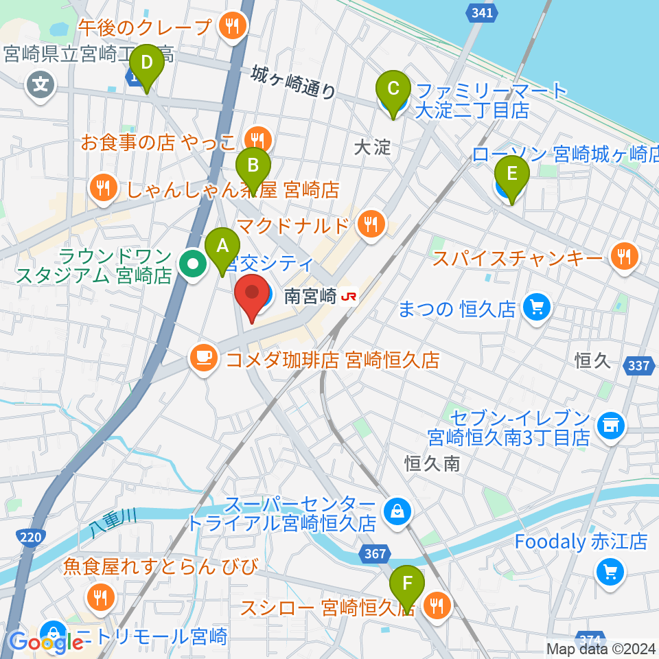 宮崎サンシャインFM周辺のコンビニエンスストア一覧地図