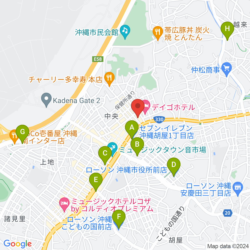 FMコザ周辺のコンビニエンスストア一覧地図