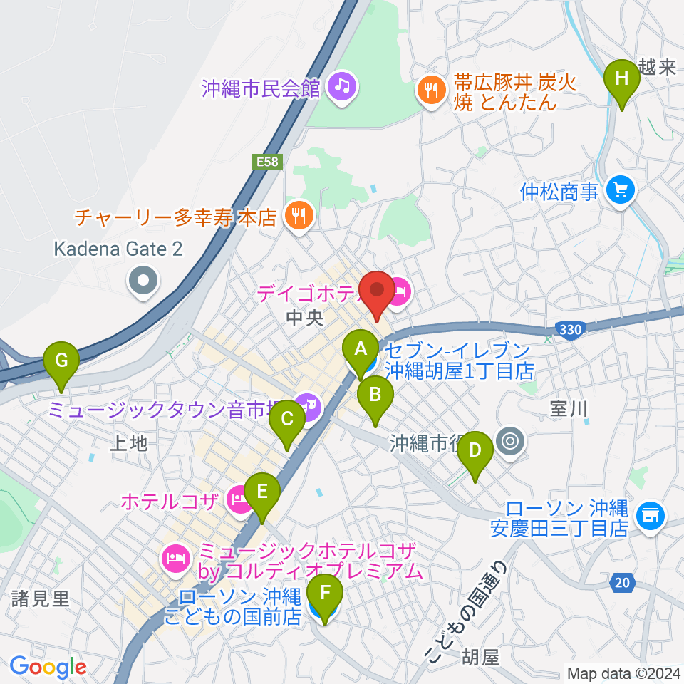 FMコザ周辺のコンビニエンスストア一覧地図