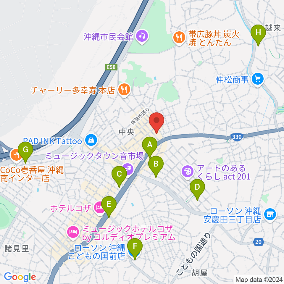 FMコザ周辺のコンビニエンスストア一覧地図