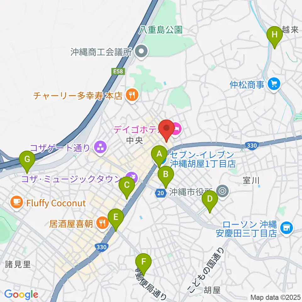 FMコザ周辺のコンビニエンスストア一覧地図