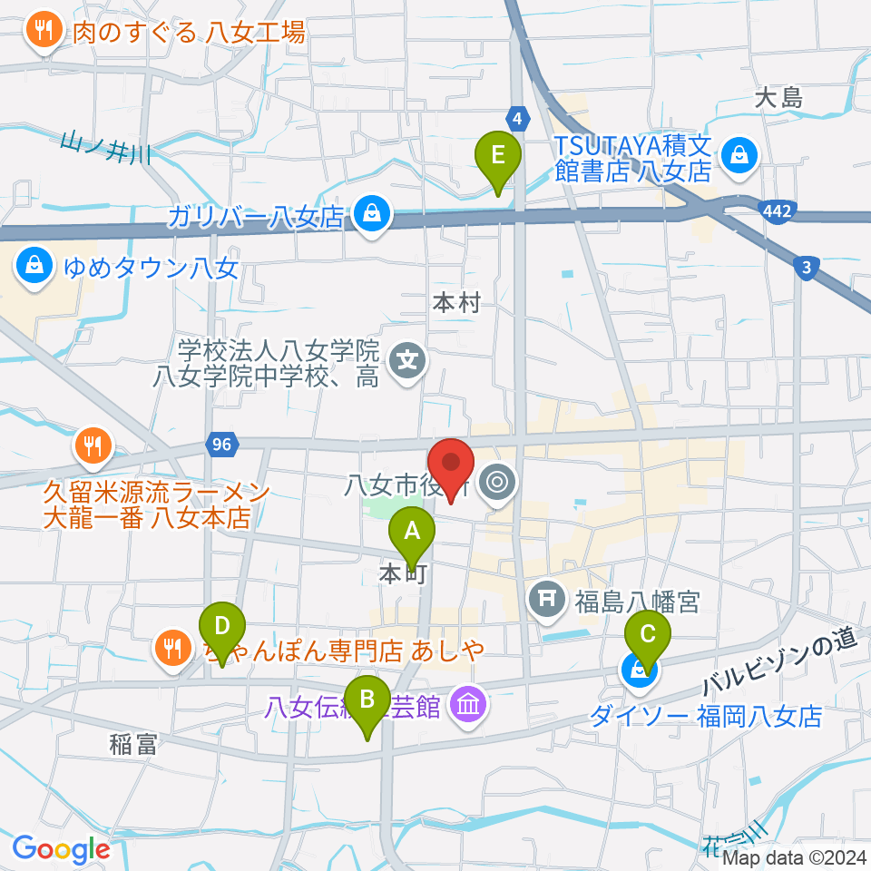 八女市民会館 おりなす八女周辺のコンビニエンスストア一覧地図