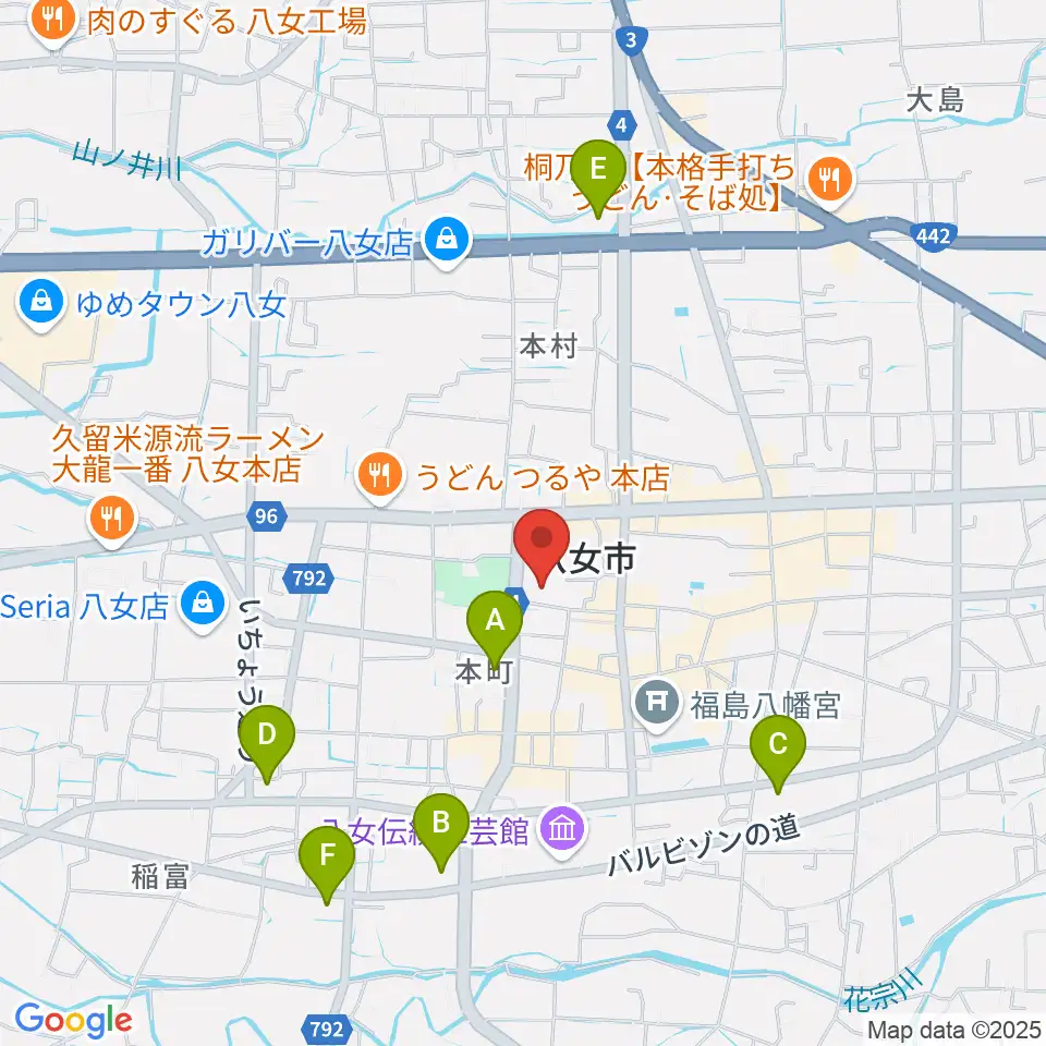 八女市民会館 おりなす八女周辺のコンビニエンスストア一覧地図