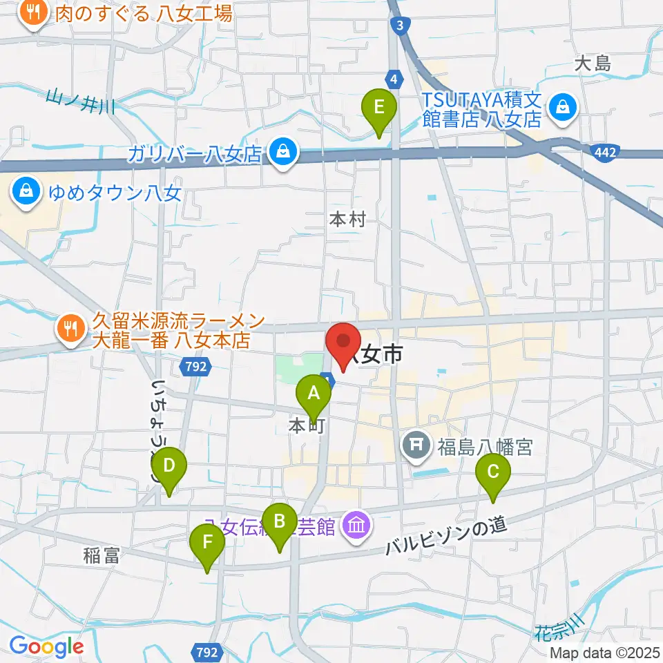 八女市民会館 おりなす八女周辺のコンビニエンスストア一覧地図