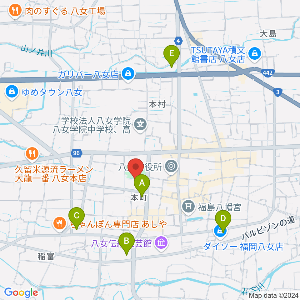 八女文化会館周辺のコンビニエンスストア一覧地図