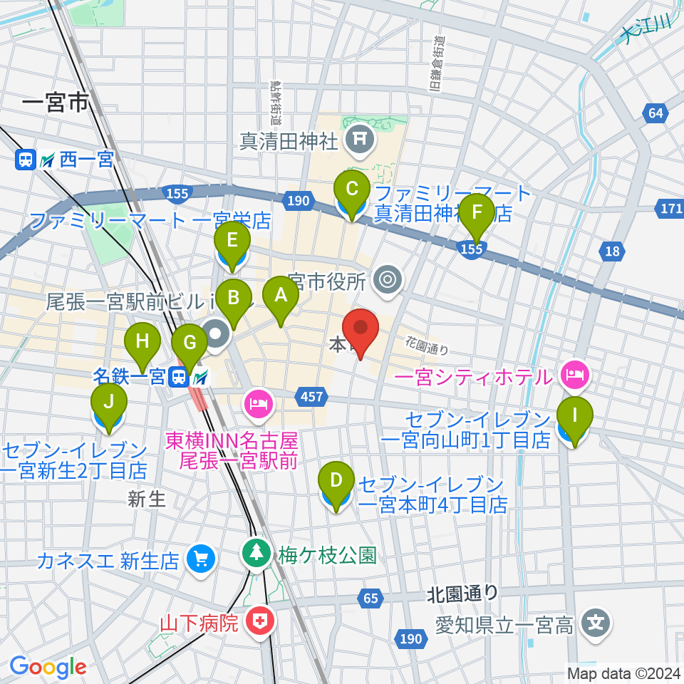 FMいちのみや周辺のコンビニエンスストア一覧地図