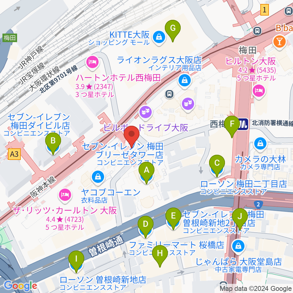 ウメダFM Be Happy!789周辺のコンビニエンスストア一覧地図