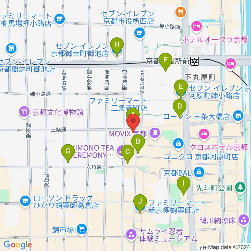 京都三条ラジオカフェ周辺のコンビニエンスストア一覧地図