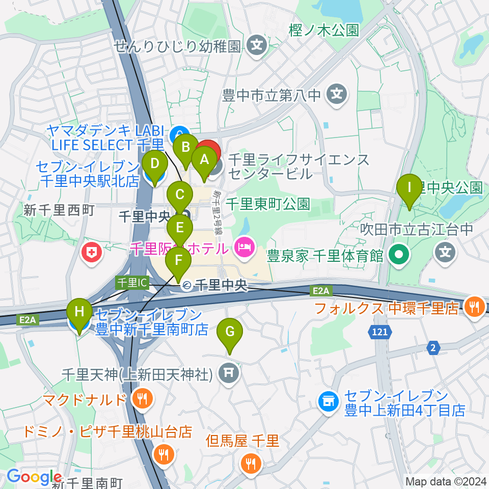 FM千里周辺のコンビニエンスストア一覧地図