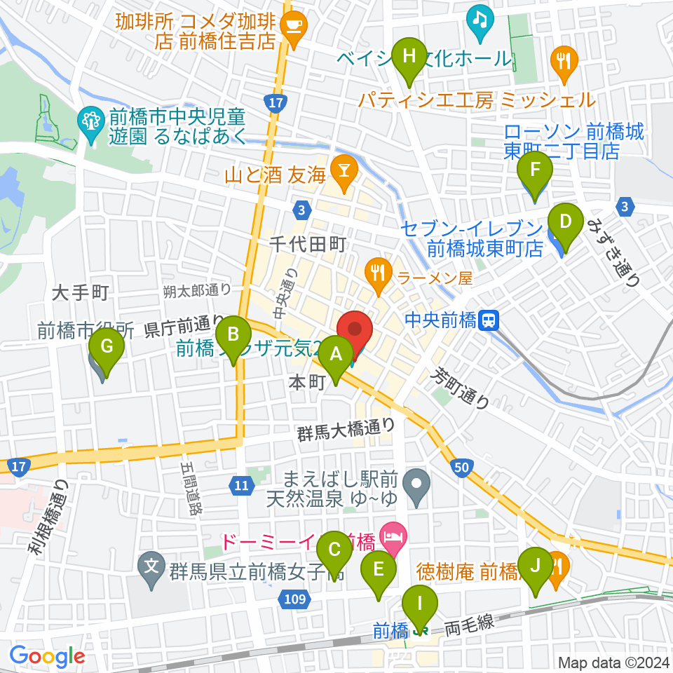 M-wave まえばしCITYエフエム周辺のコンビニエンスストア一覧地図