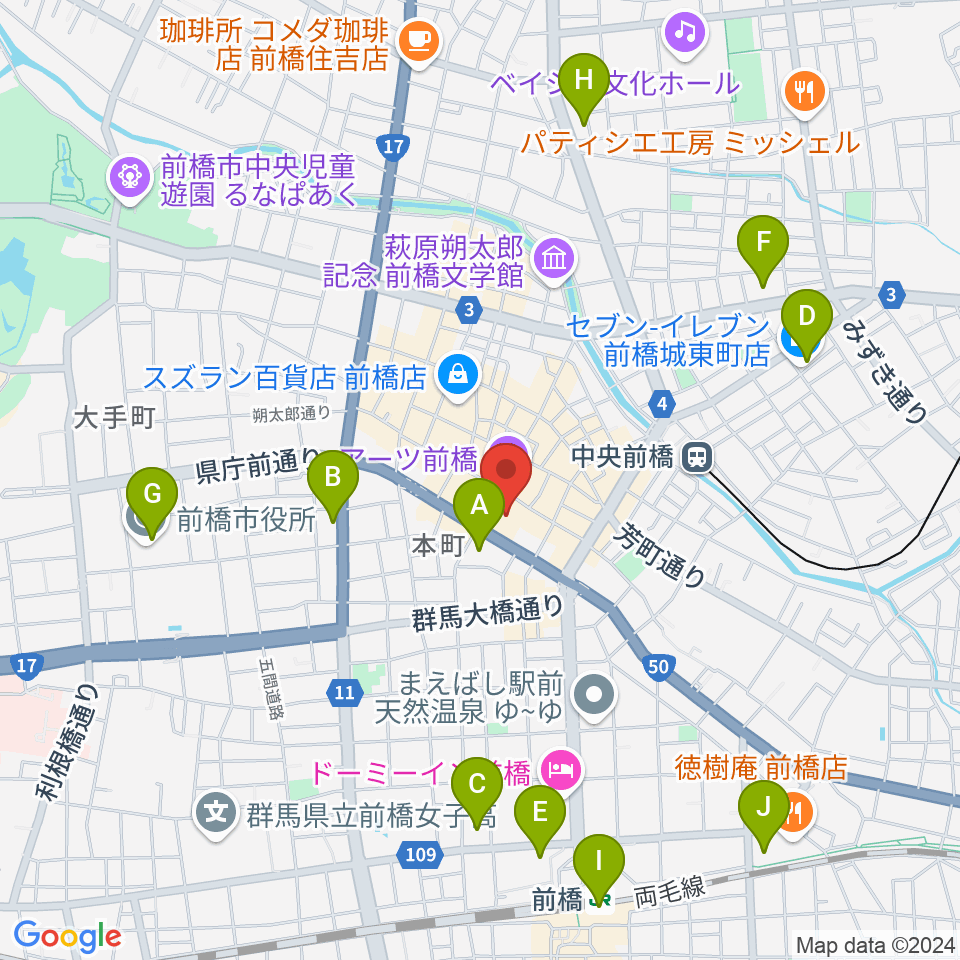 M-wave まえばしCITYエフエム周辺のコンビニエンスストア一覧地図