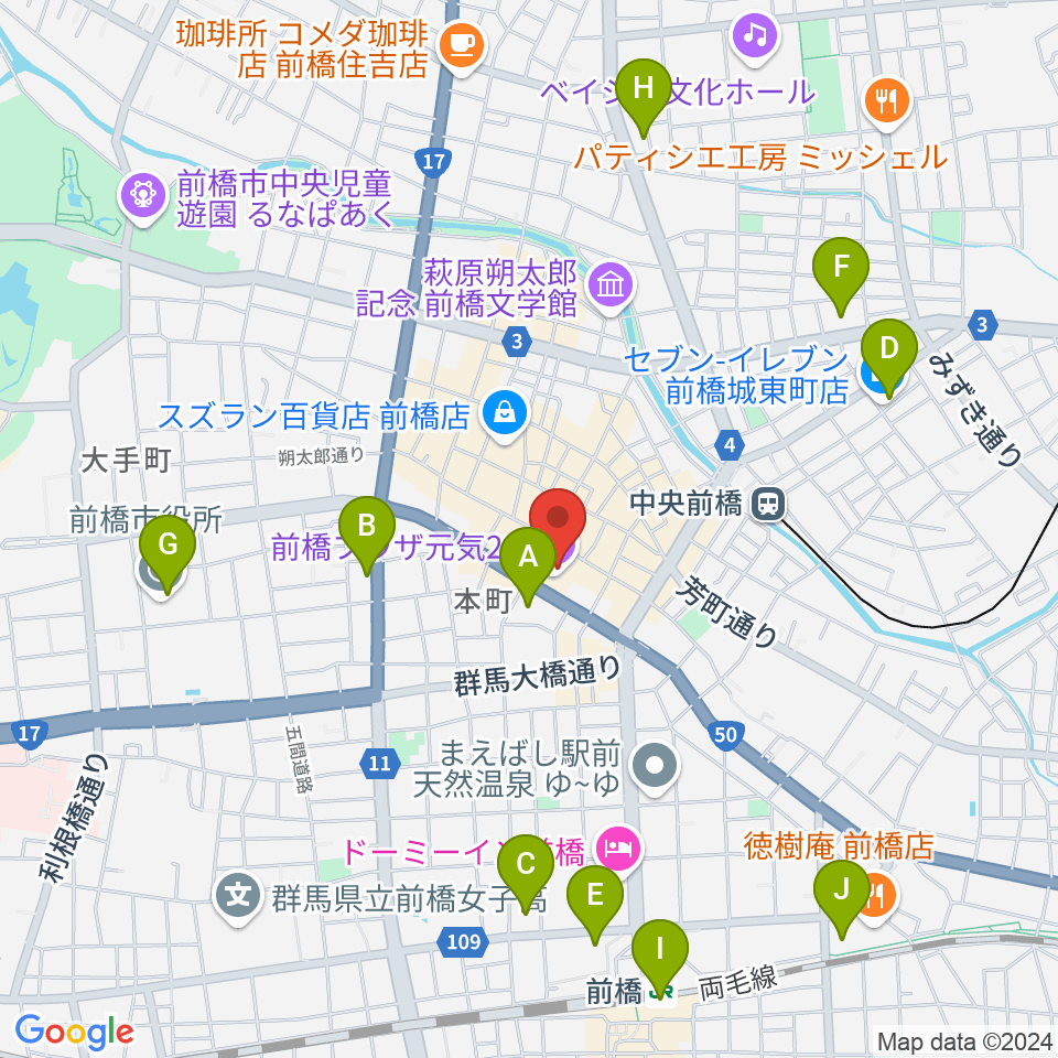 M-wave まえばしCITYエフエム周辺のコンビニエンスストア一覧地図