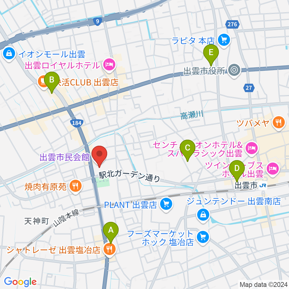 出雲市民会館周辺のコンビニエンスストア一覧地図