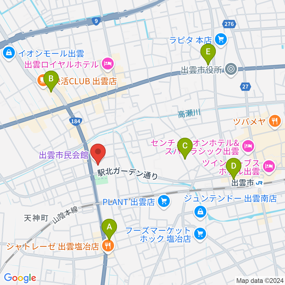 出雲市民会館周辺のコンビニエンスストア一覧地図