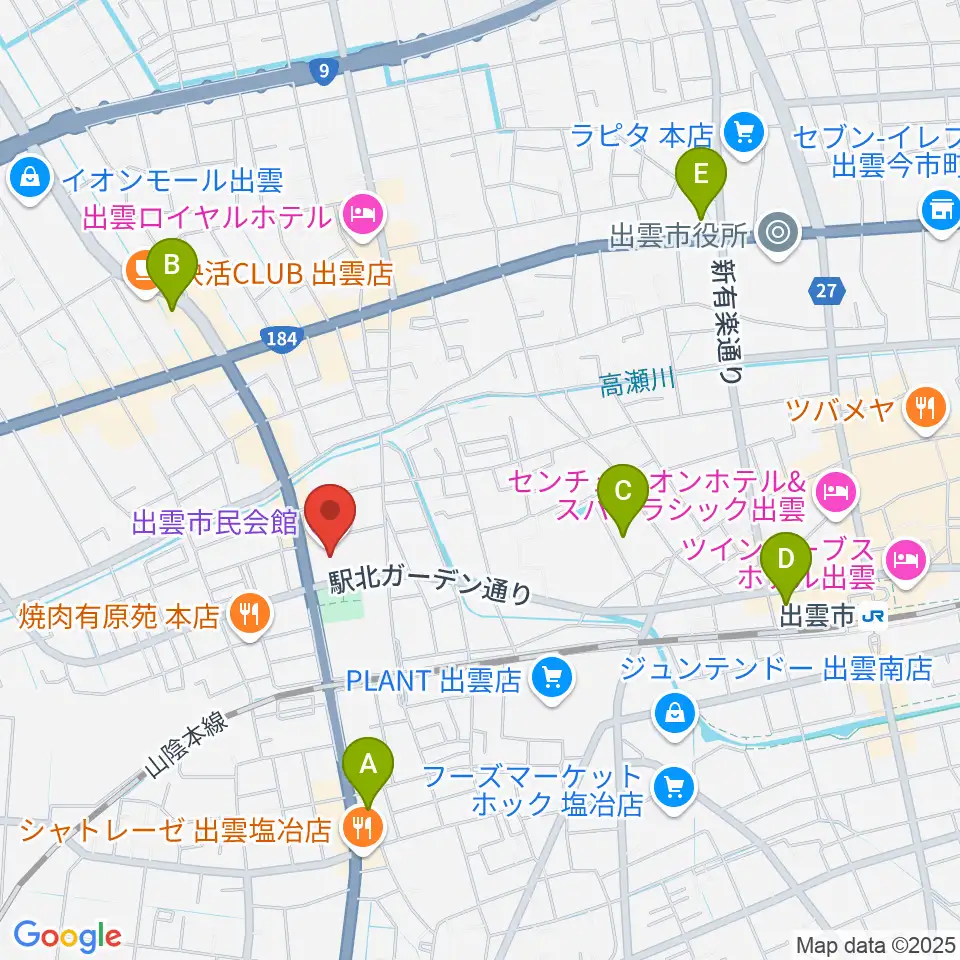 出雲市民会館周辺のコンビニエンスストア一覧地図