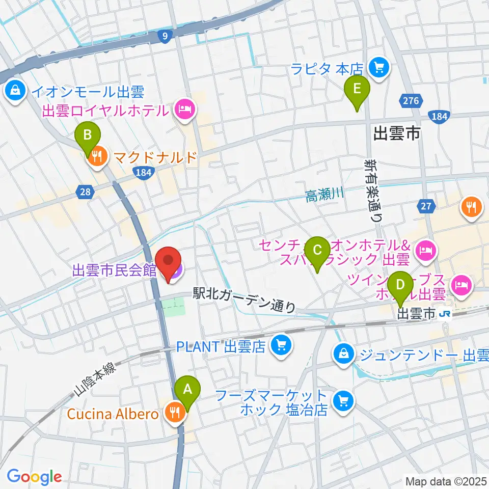 出雲市民会館周辺のコンビニエンスストア一覧地図