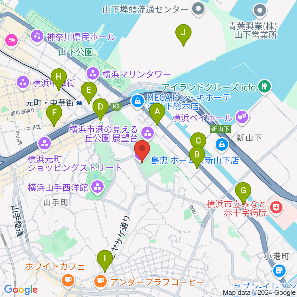 横浜市イギリス館周辺のコンビニエンスストア一覧地図