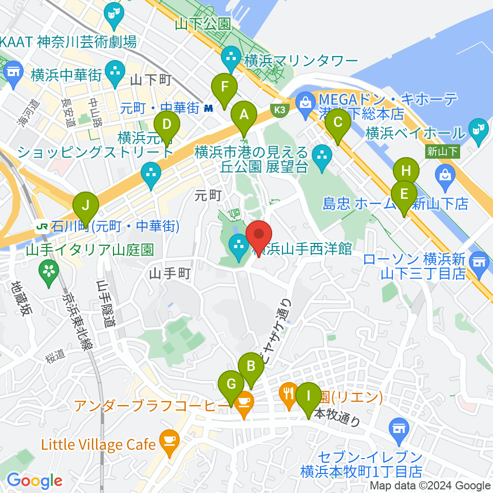 山手234番館周辺のコンビニエンスストア一覧地図