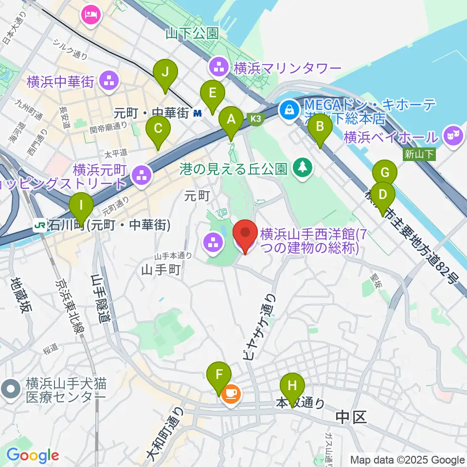 山手234番館周辺のコンビニエンスストア一覧地図