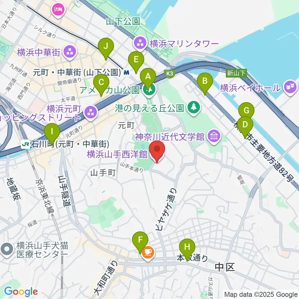 山手234番館周辺のコンビニエンスストア一覧地図