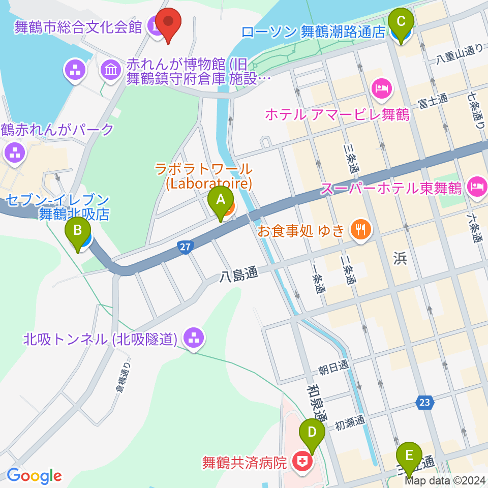 舞鶴市総合文化会館周辺のコンビニエンスストア一覧地図