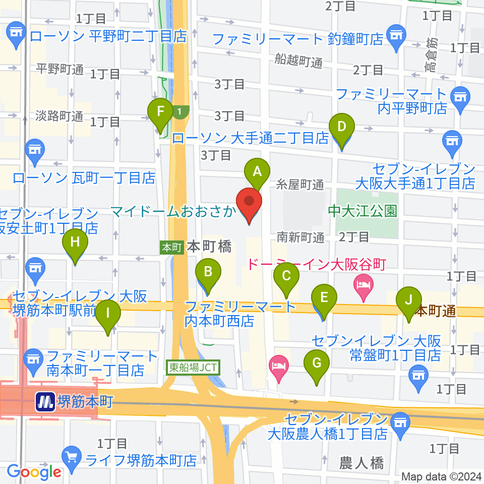 マイドームおおさか周辺のコンビニエンスストア一覧地図