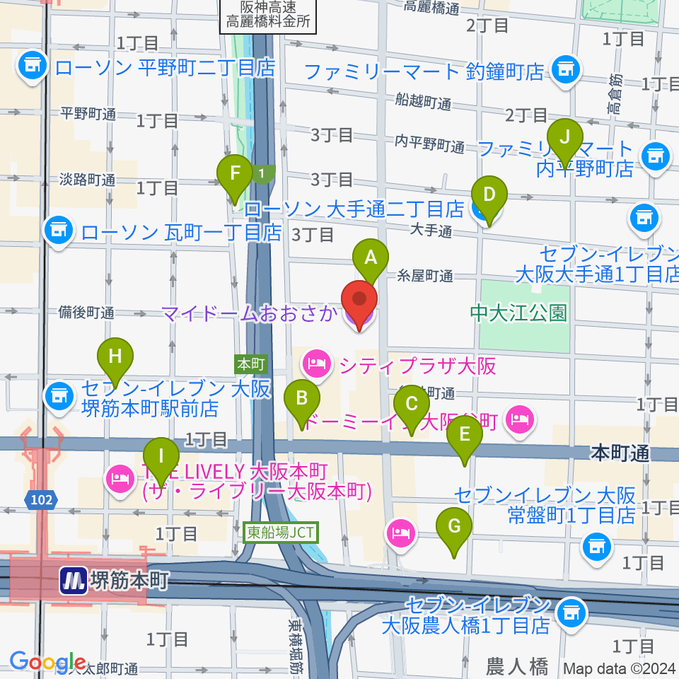 マイドームおおさか周辺のコンビニエンスストア一覧地図