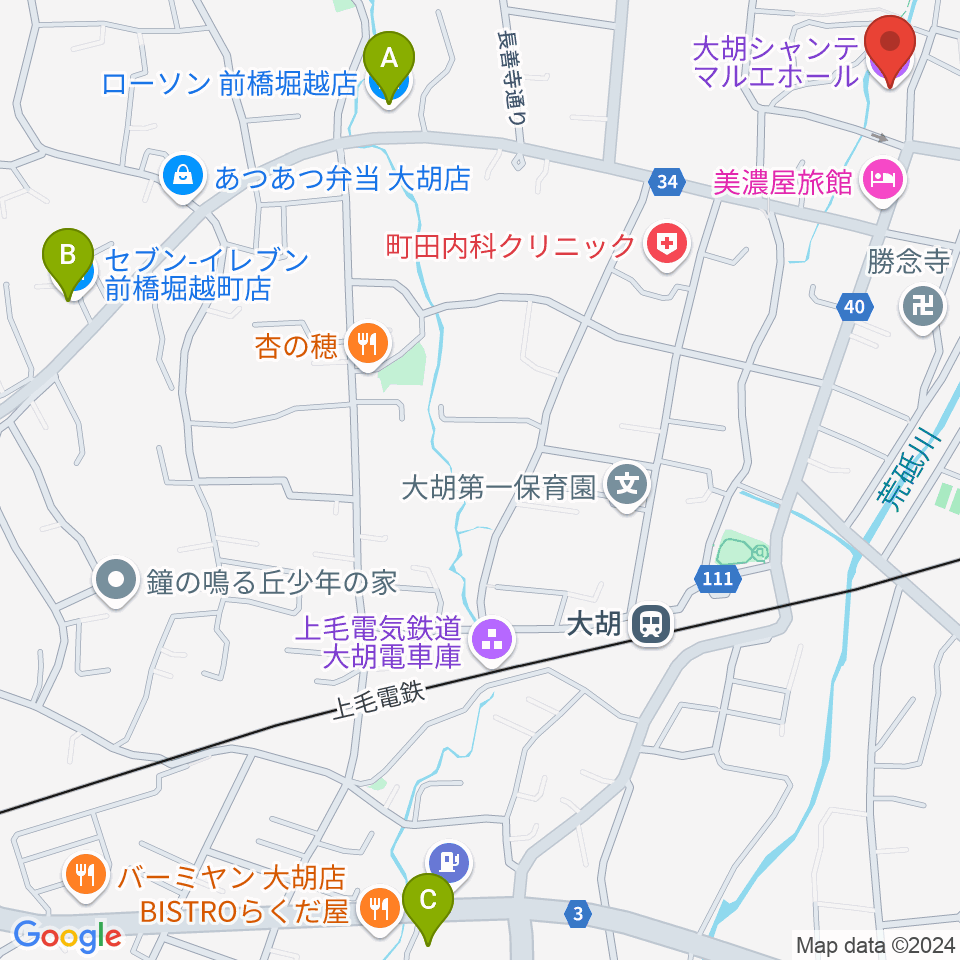 大胡シャンテ マルエホール周辺のコンビニエンスストア一覧地図