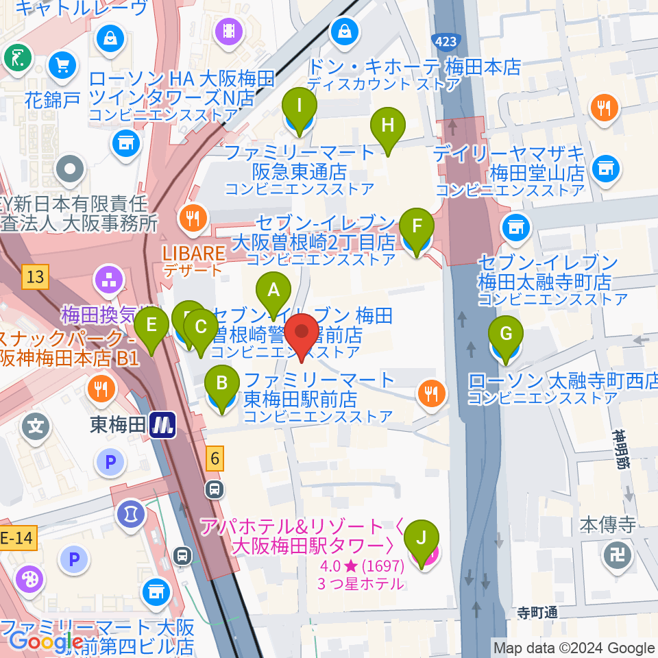 梅田アムホール周辺のコンビニエンスストア一覧地図