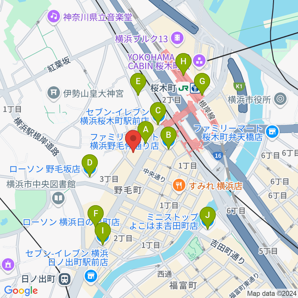 横浜にぎわい座周辺のコンビニエンスストア一覧地図