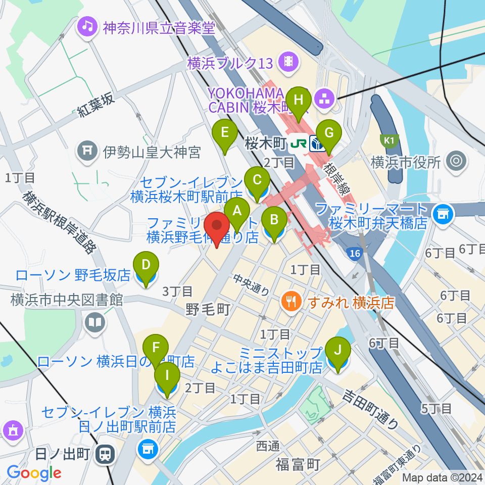 横浜にぎわい座周辺のコンビニエンスストア一覧地図