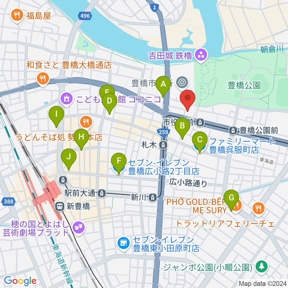 豊橋市公会堂周辺のコンビニエンスストア一覧地図