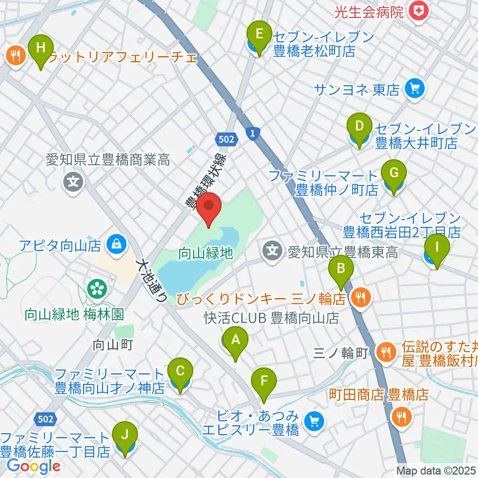 豊橋市民文化会館周辺のコンビニエンスストア一覧地図