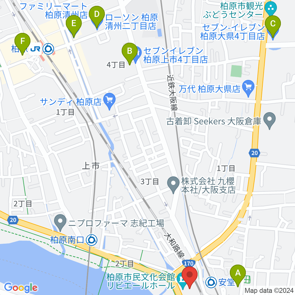 リビエールホール（柏原市民文化会館）周辺のコンビニエンスストア一覧地図