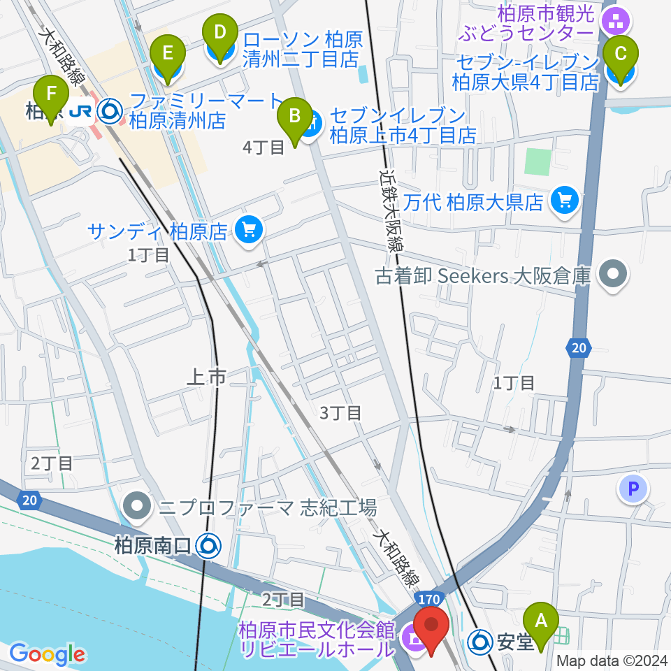 リビエールホール（柏原市民文化会館）周辺のコンビニエンスストア一覧地図