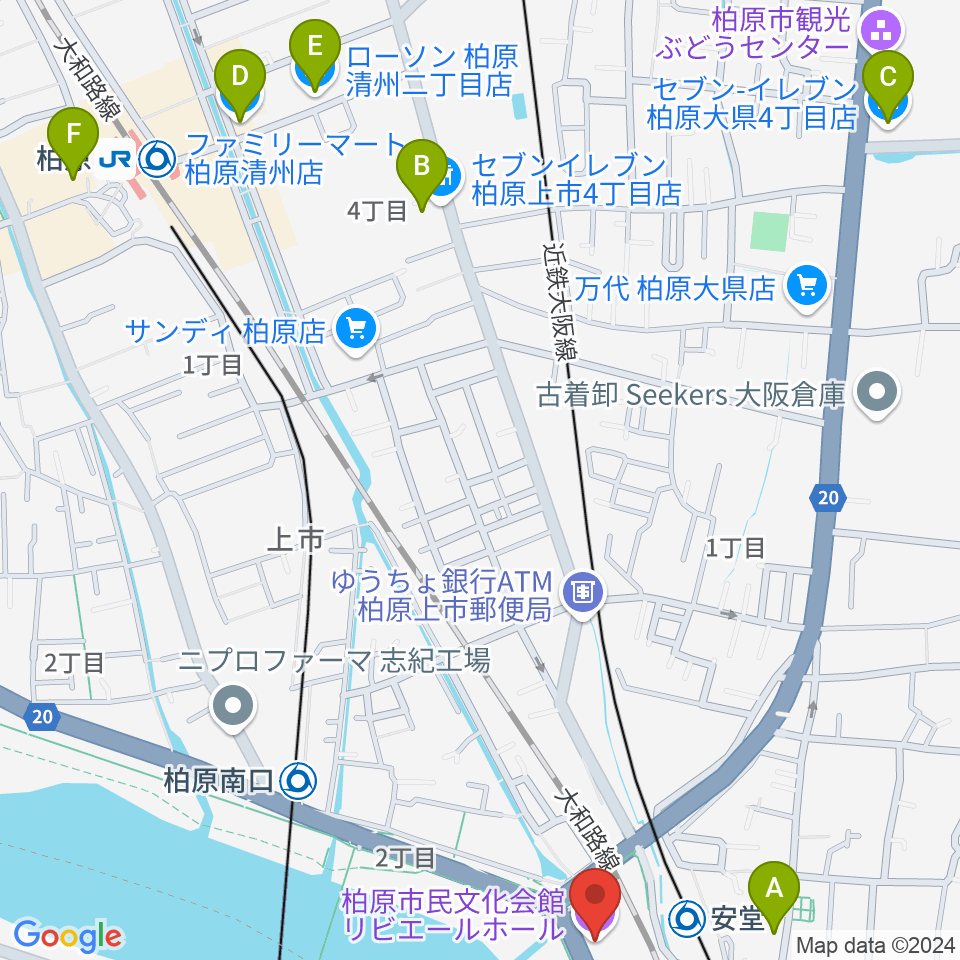 リビエールホール 柏原市民文化会館周辺のコンビニエンスストア一覧地図