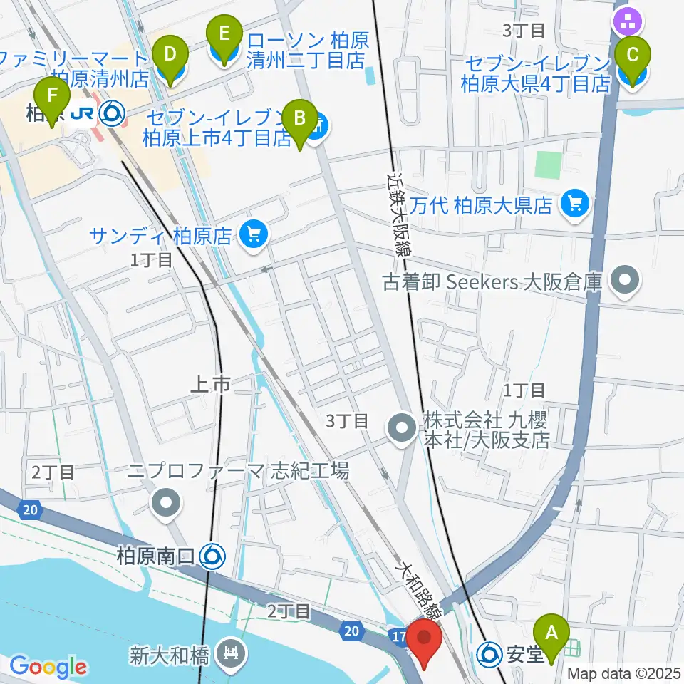 リビエールホール 柏原市民文化会館周辺のコンビニエンスストア一覧地図