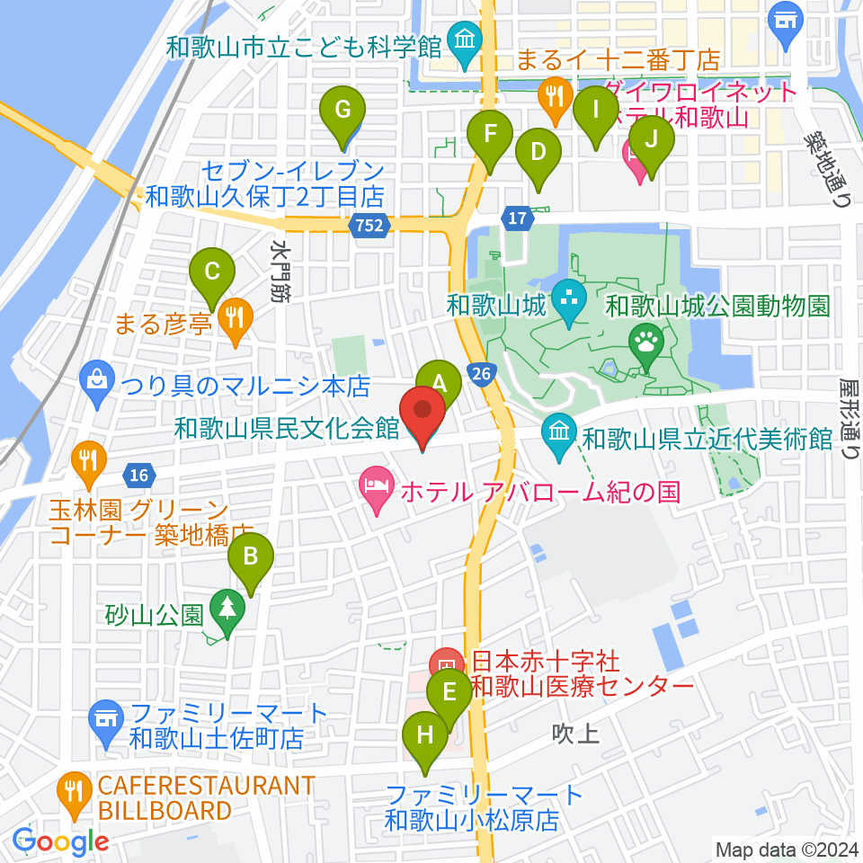 和歌山県民文化会館周辺のコンビニエンスストア一覧地図