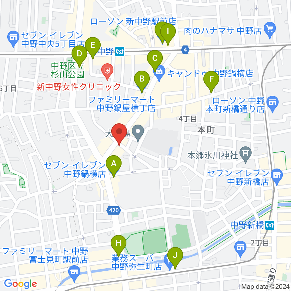 新中野ワニズホール周辺のコンビニエンスストア一覧地図