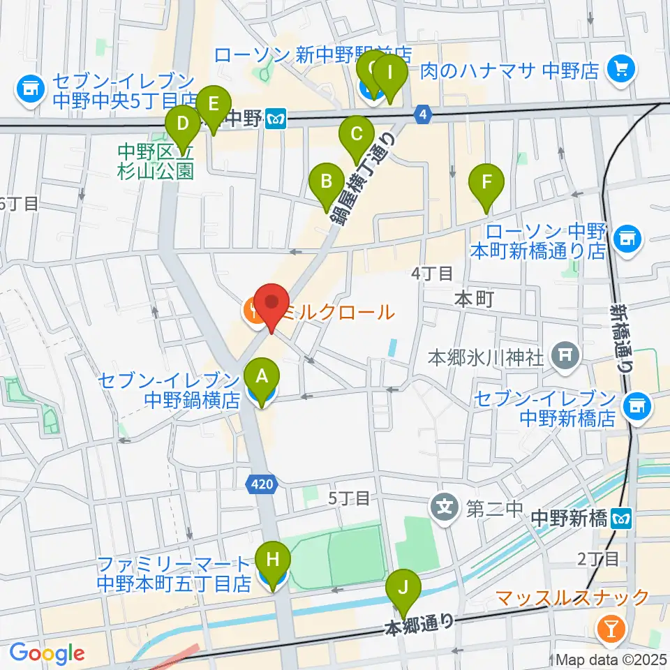 新中野ワニズホール周辺のコンビニエンスストア一覧地図