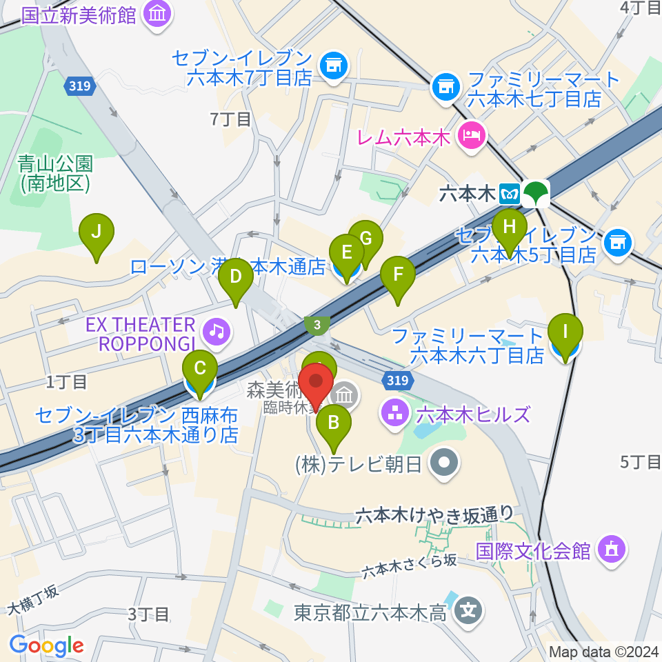 六本木アカデミーヒルズ周辺のコンビニエンスストア一覧地図