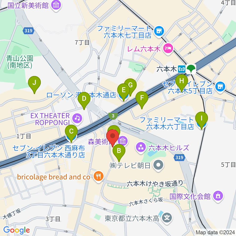 六本木アカデミーヒルズ周辺のコンビニエンスストア一覧地図