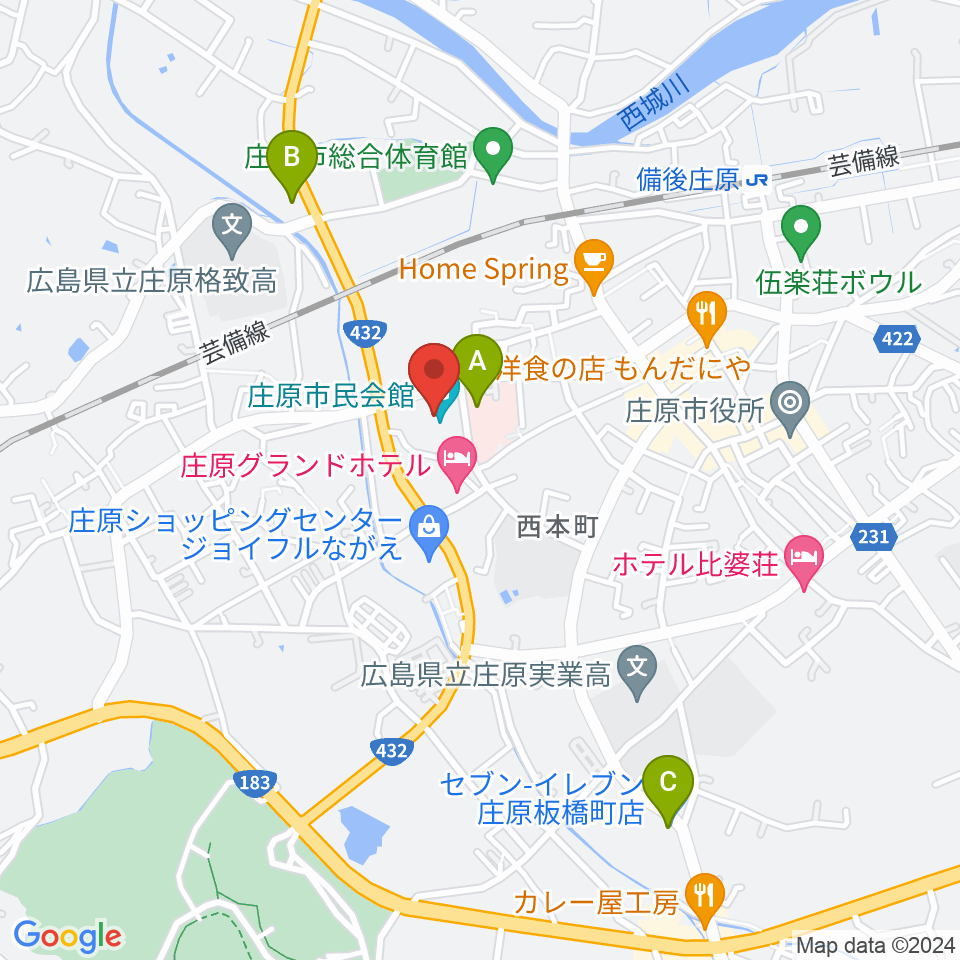 庄原市民会館周辺のコンビニエンスストア一覧地図