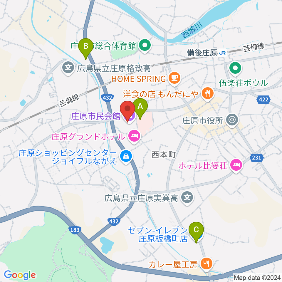 庄原市民会館周辺のコンビニエンスストア一覧地図