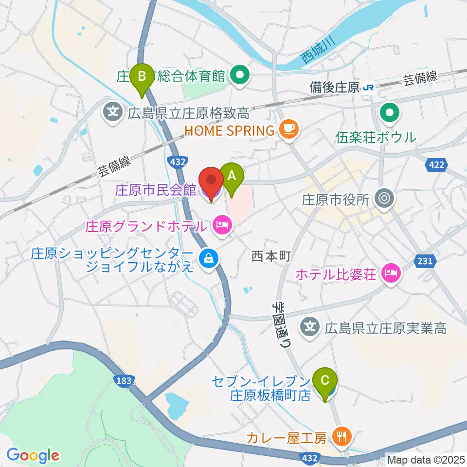 庄原市民会館周辺のコンビニエンスストア一覧地図