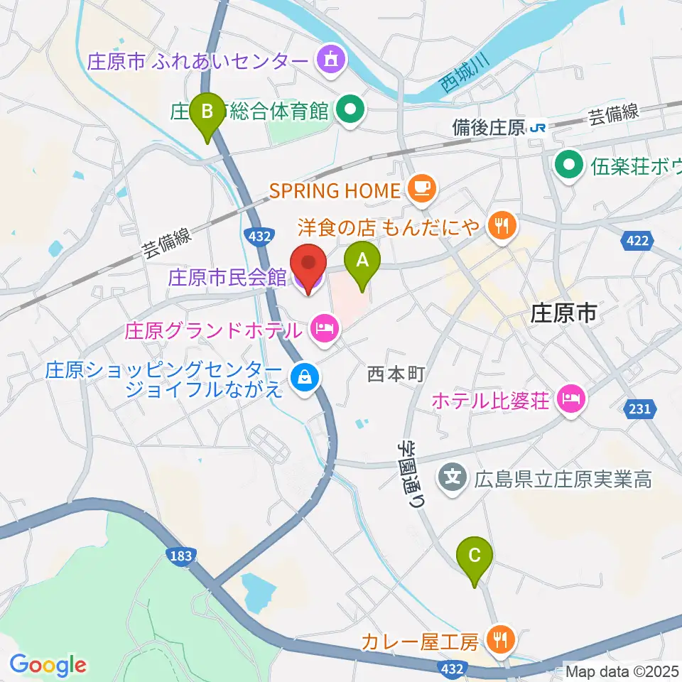 庄原市民会館周辺のコンビニエンスストア一覧地図
