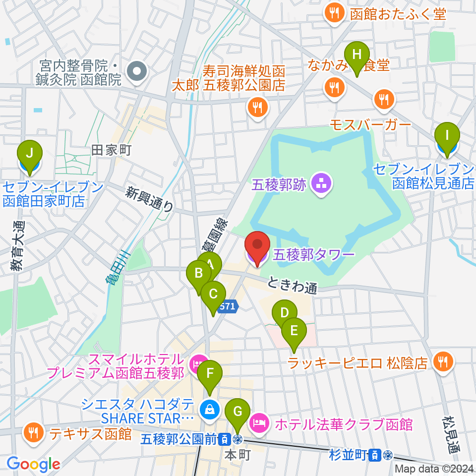 五稜郭タワー周辺のコンビニエンスストア一覧地図