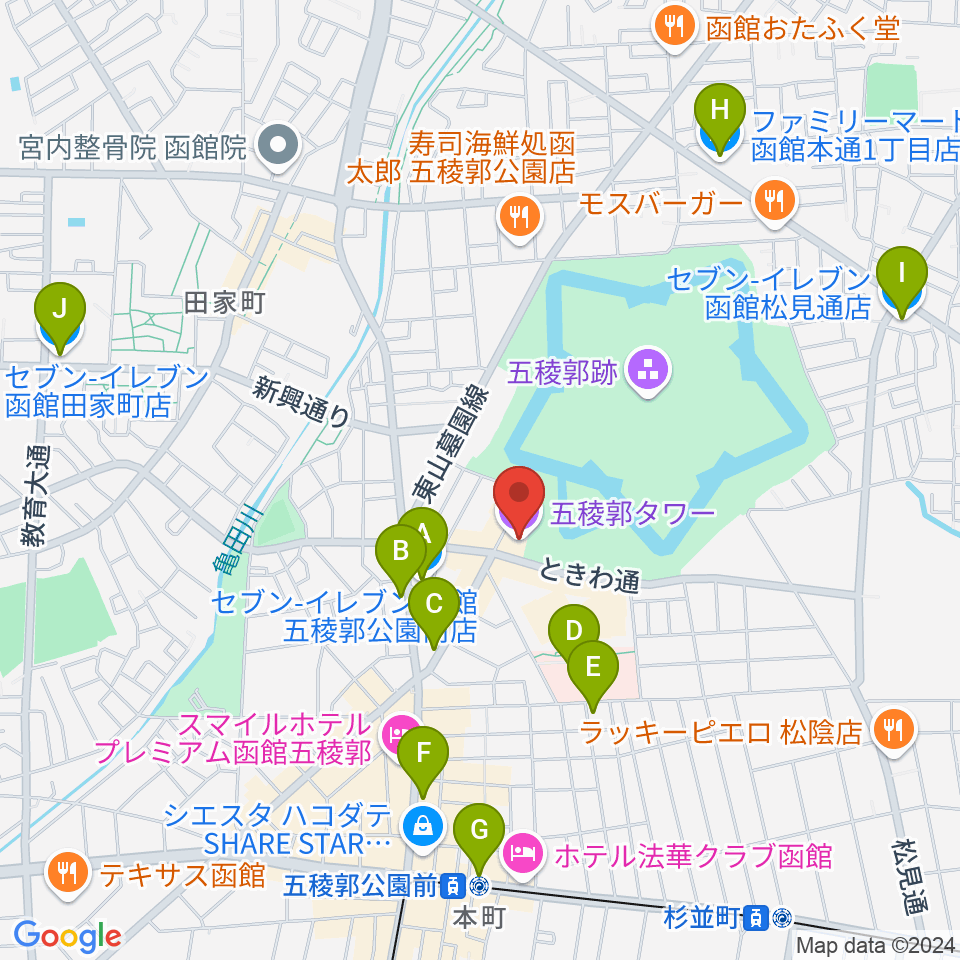 五稜郭タワー周辺のコンビニエンスストア一覧地図