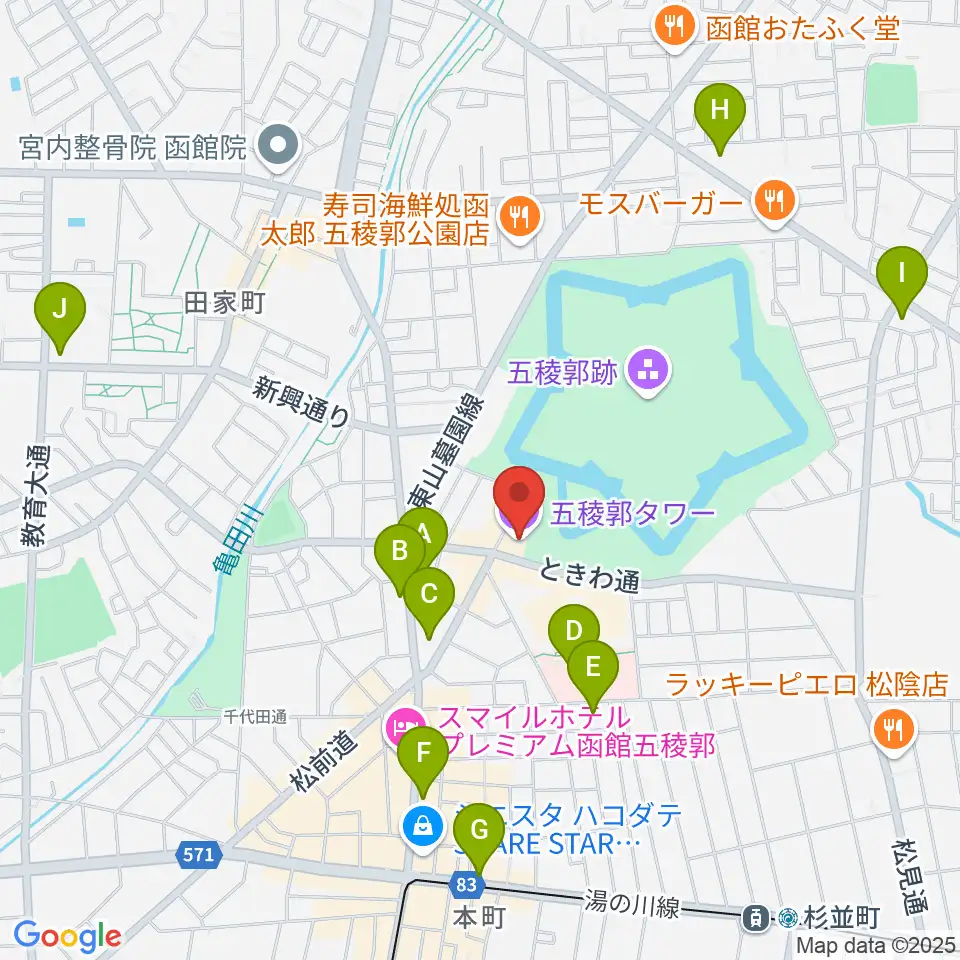 五稜郭タワー周辺のコンビニエンスストア一覧地図